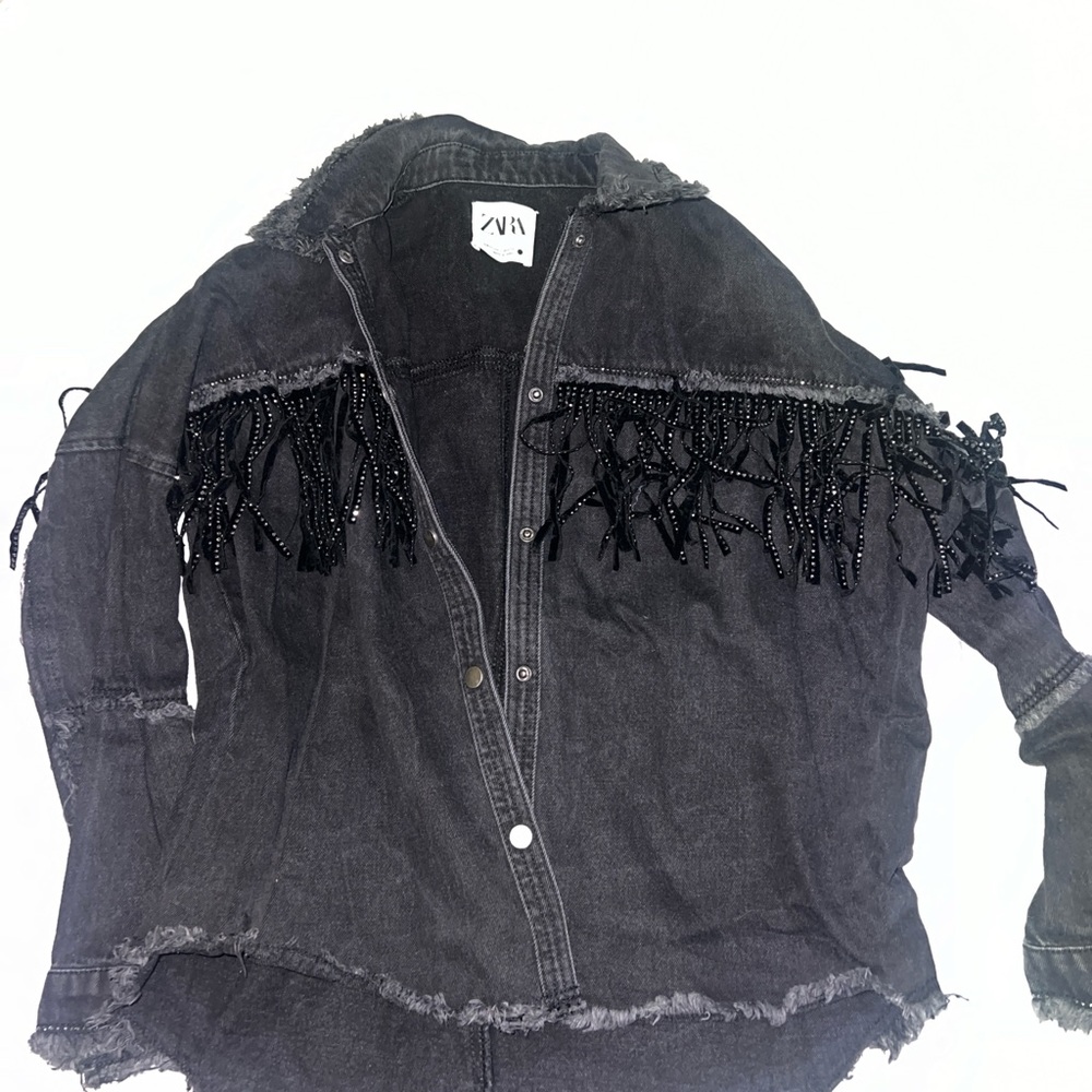 Zara Charcoal Fringe Jean Jacket